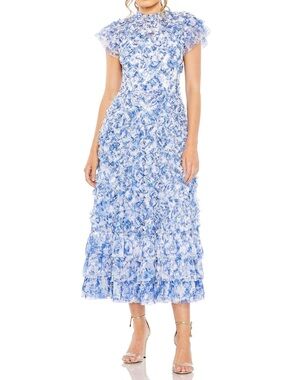 Mac Duggal Blue Floral Ruffle High Neck Cap Sleeve Dress Blue White Size 10 EUC